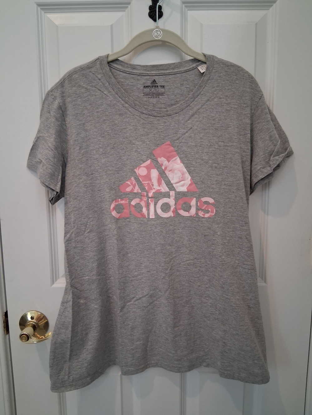 adidas Gray Short Sleeve Tee with Pink Floral Logo
